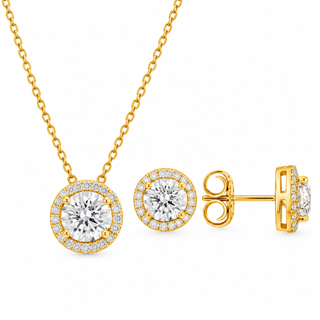3.60 DEW Round Shape Moissanite Earring and Pendant Set in 925 Yellow Gold Plated