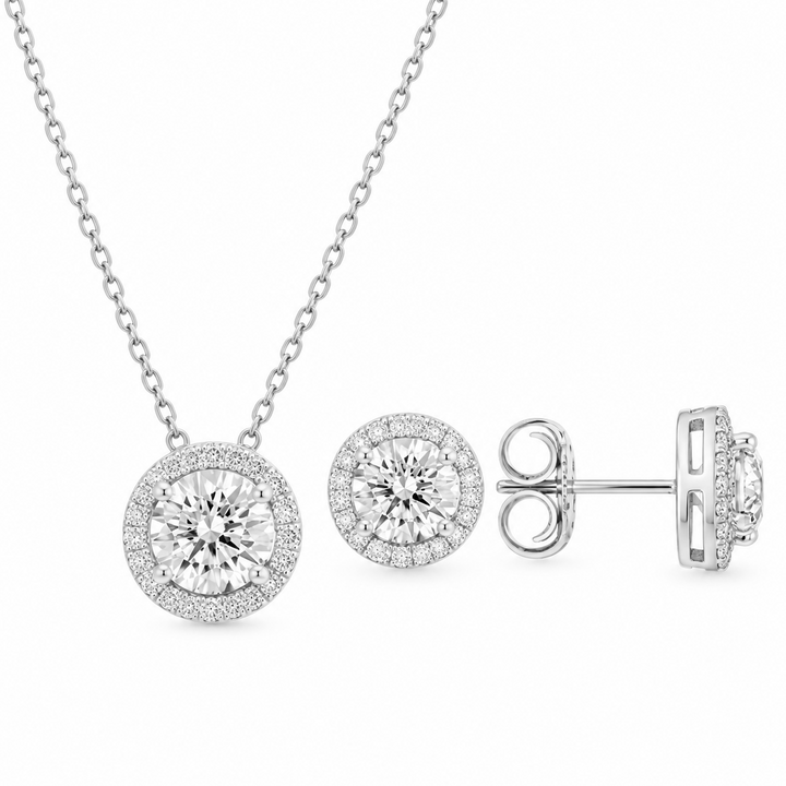 3.60 DEW Round Shape Moissanite Earring and Pendant Set in 925 Platinum Plated