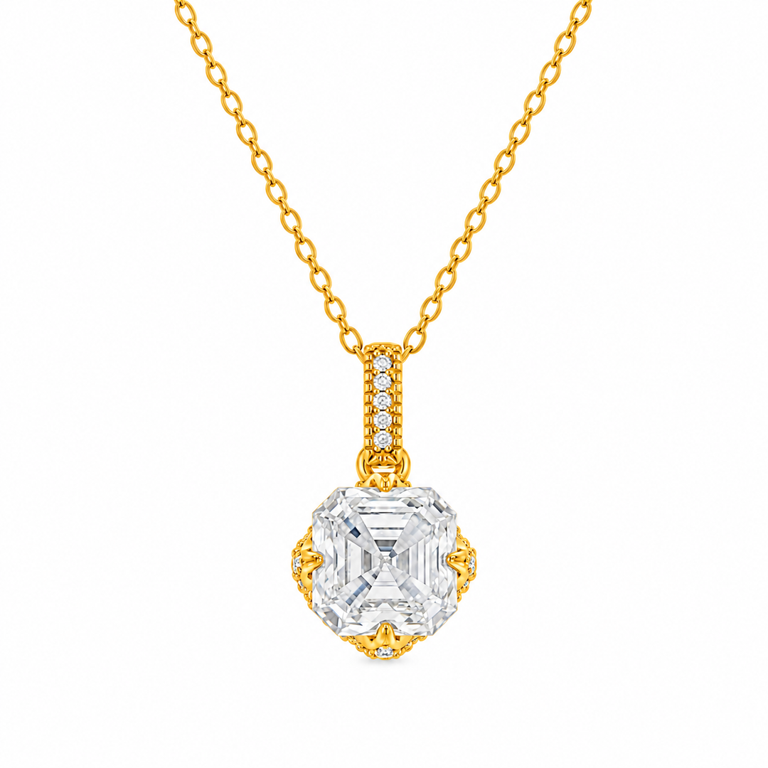 1.90 DEW Square Shape Moissanite Solitaire Necklace in 925 Yellow Gold