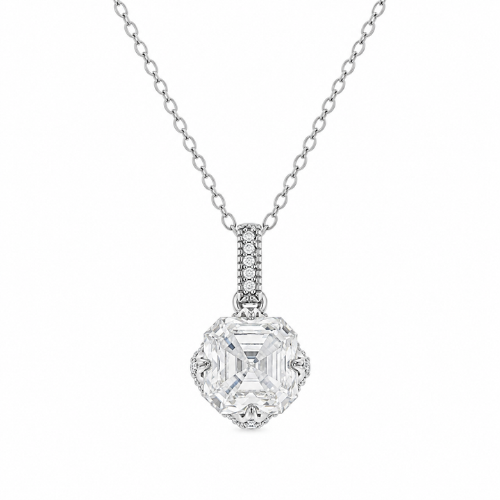 1.90 DEW Square Shape Moissanite Solitaire Necklace in 925 Platinum Plated