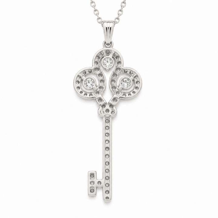 1.20 DEW Moissanite Key Pendant in 925 Platinum Plated