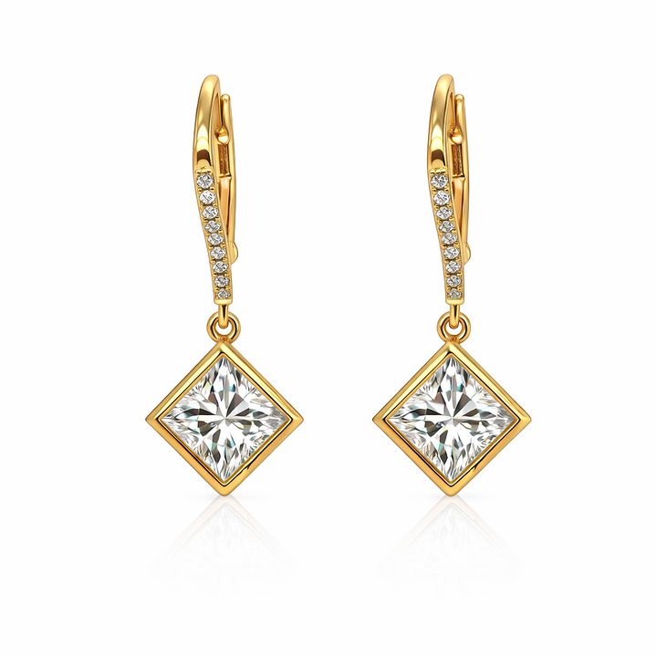 Paige 3.85 Cts Princess Shape White Moissanite Dangle Earring in 925 18K Yellow Gold Plated