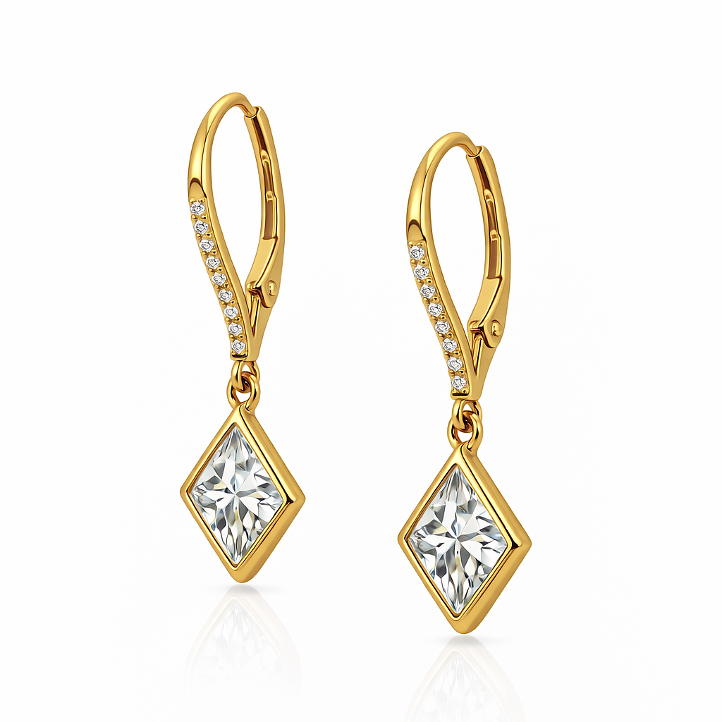 Paige 3.85 Cts Princess Shape White Moissanite Dangle Earring in 925 18K Yellow Gold Plated