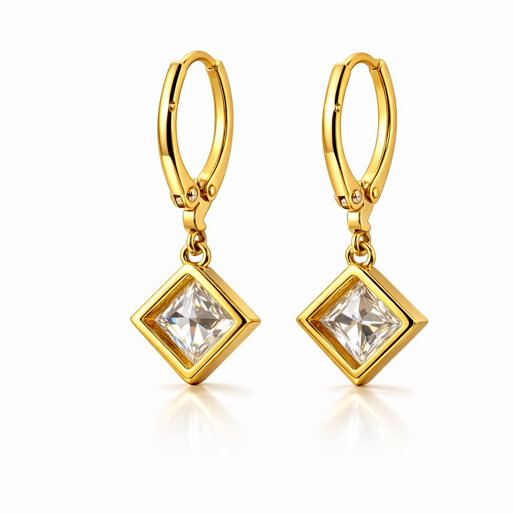 Paige 3.85 Cts Princess Shape White Moissanite Dangle Earring in 925 18K Yellow Gold Plated