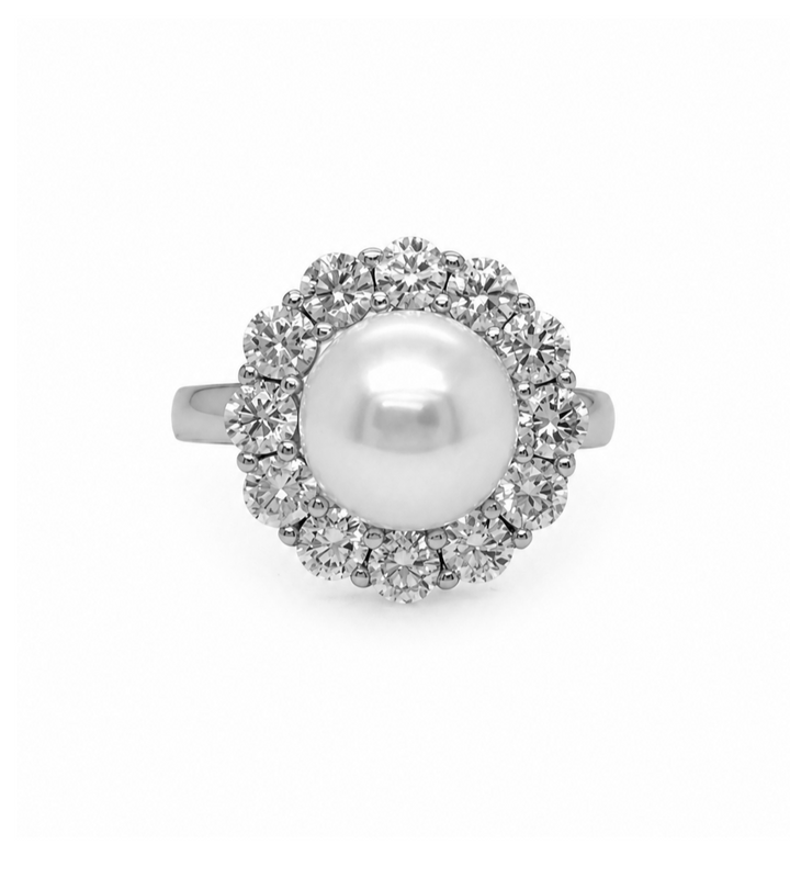 4.31 Cts Pearl and Moissanite Ring in 925 Platinum Plated