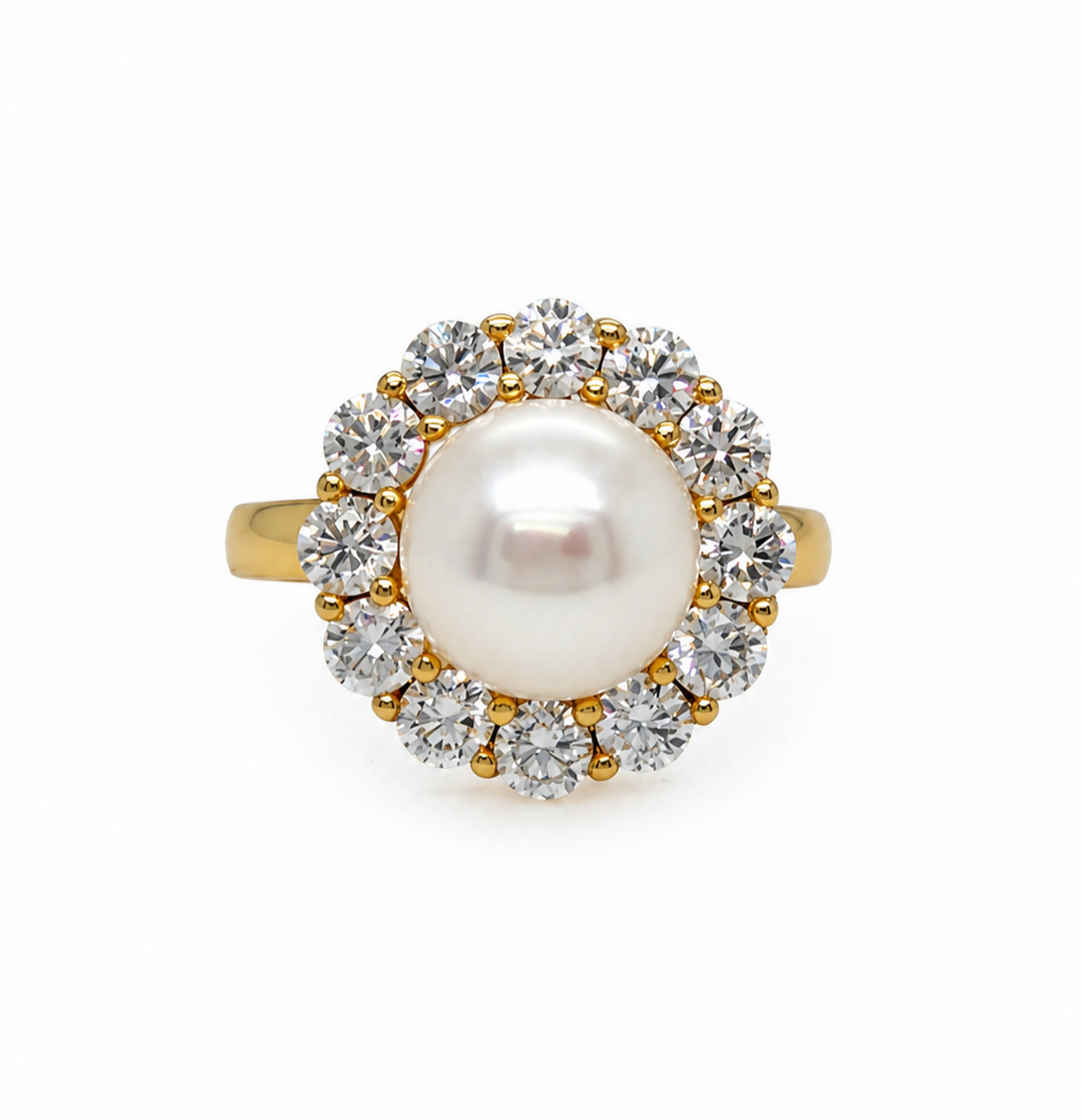 4.31 Cts Pearl and Moissanite Ring in 925 Yellow Gold Plated