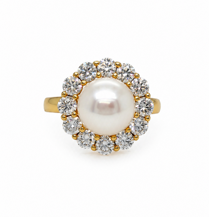 4.31 Cts Pearl and Moissanite Ring in 925 Yellow Gold Plated