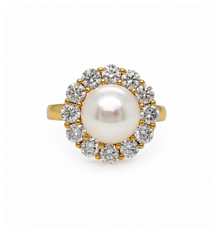 4.31 Cts Pearl and Moissanite Ring in 925 Yellow Gold Plated