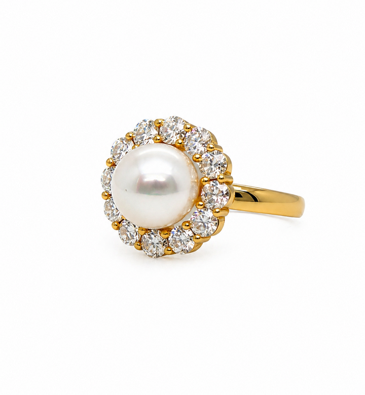 4.31 Cts Pearl and Moissanite Ring in 925 Yellow Gold Plated
