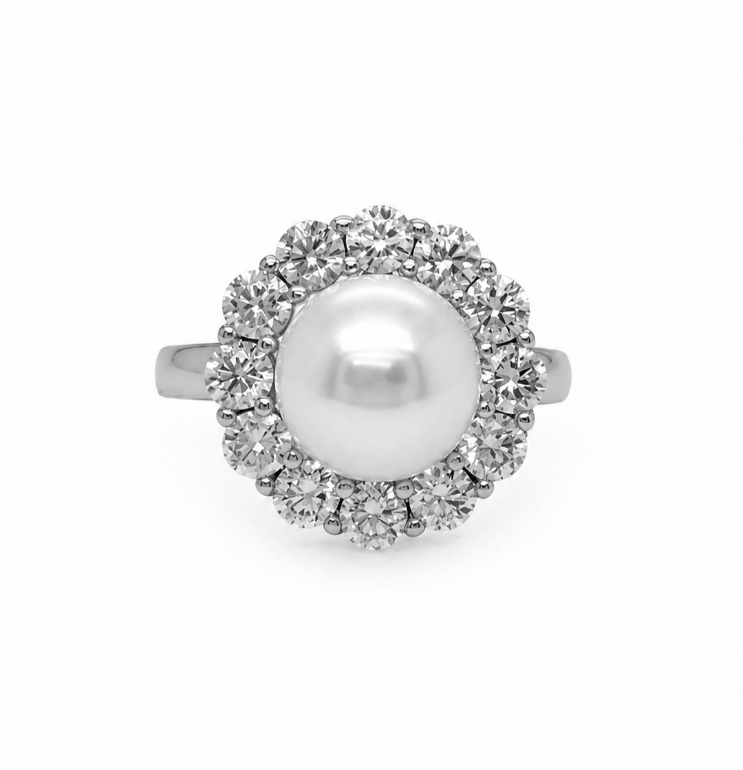 4.31 Cts Pearl and Moissanite Ring in 925 Platinum Plated