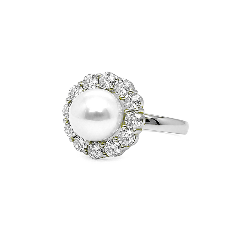 4.31 Cts Pearl and Moissanite Ring in 925 Platinum Plated