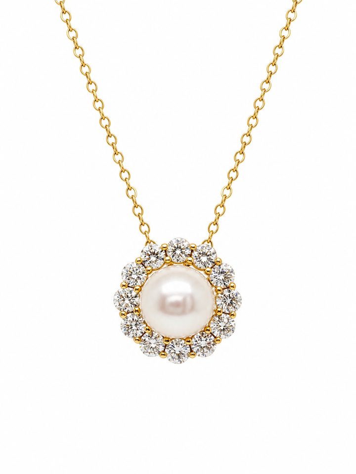 4.06 Cts Pearl and Moissanite Necklace in 925 Yellow Gold Plated