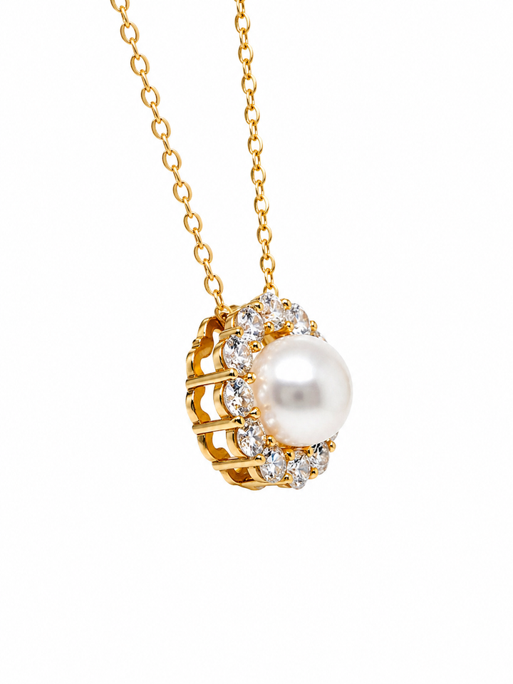 4.06 Cts Pearl and Moissanite Necklace in 925 Yellow Gold Plated