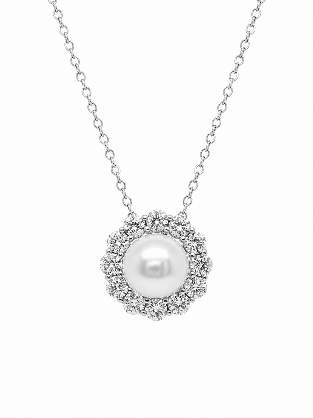 4.06 Cts Pearl and Moissanite Necklace in 925 Platinum Plated