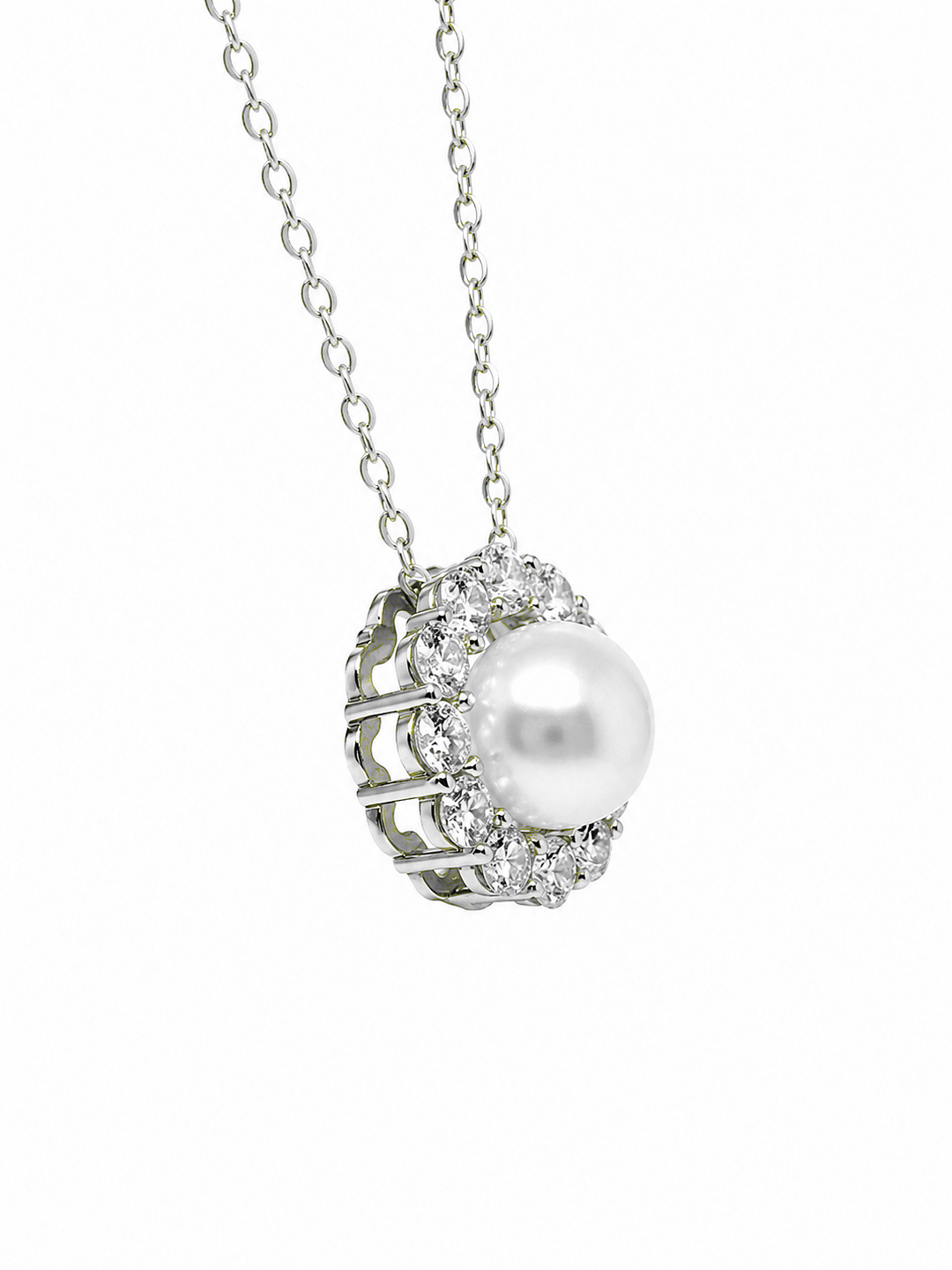 4.06 Cts Pearl and Moissanite Necklace in 925 Platinum Plated