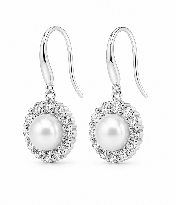 7.60 Cts Pearl and Moissanite Earring in 925 Platinum Plated