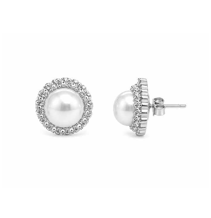 7.88 Cts Pearl and Moissanite Earring in 925 Platinum Plated