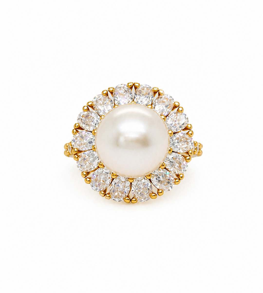 8.43 Cts Pearl and Moissanite Ring in 925 Yellow Gold Plated