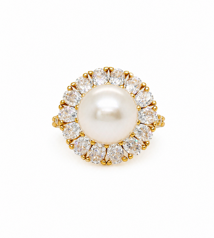 8.43 Cts Pearl and Moissanite Ring in 925 Yellow Gold Plated