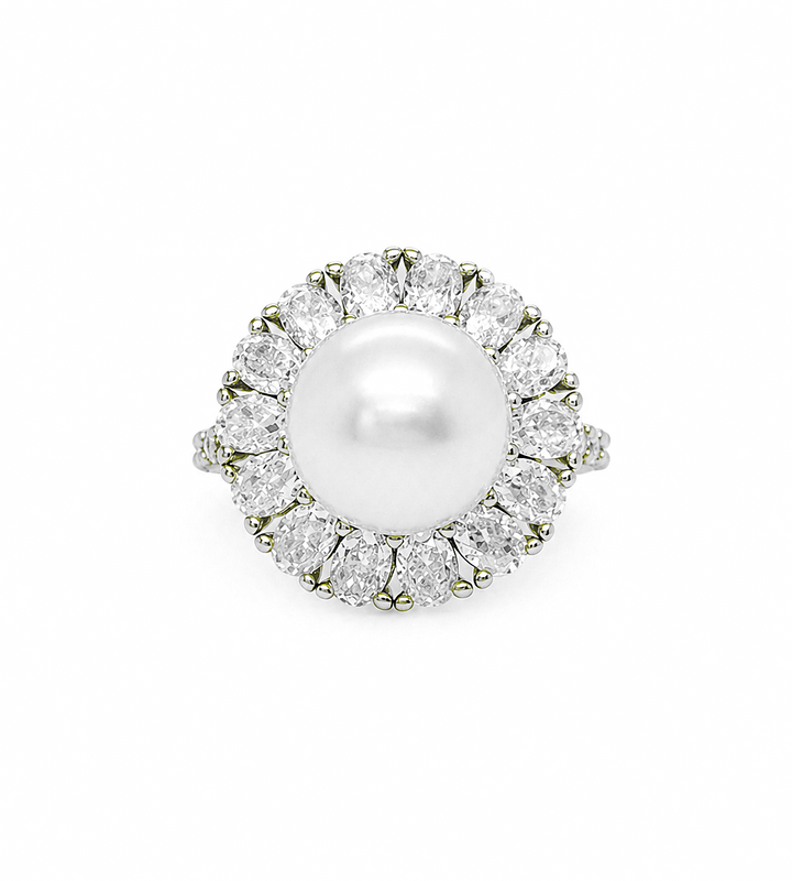 8.43 Cts Pearl and Moissanite Ring in 925 Platinum Plated