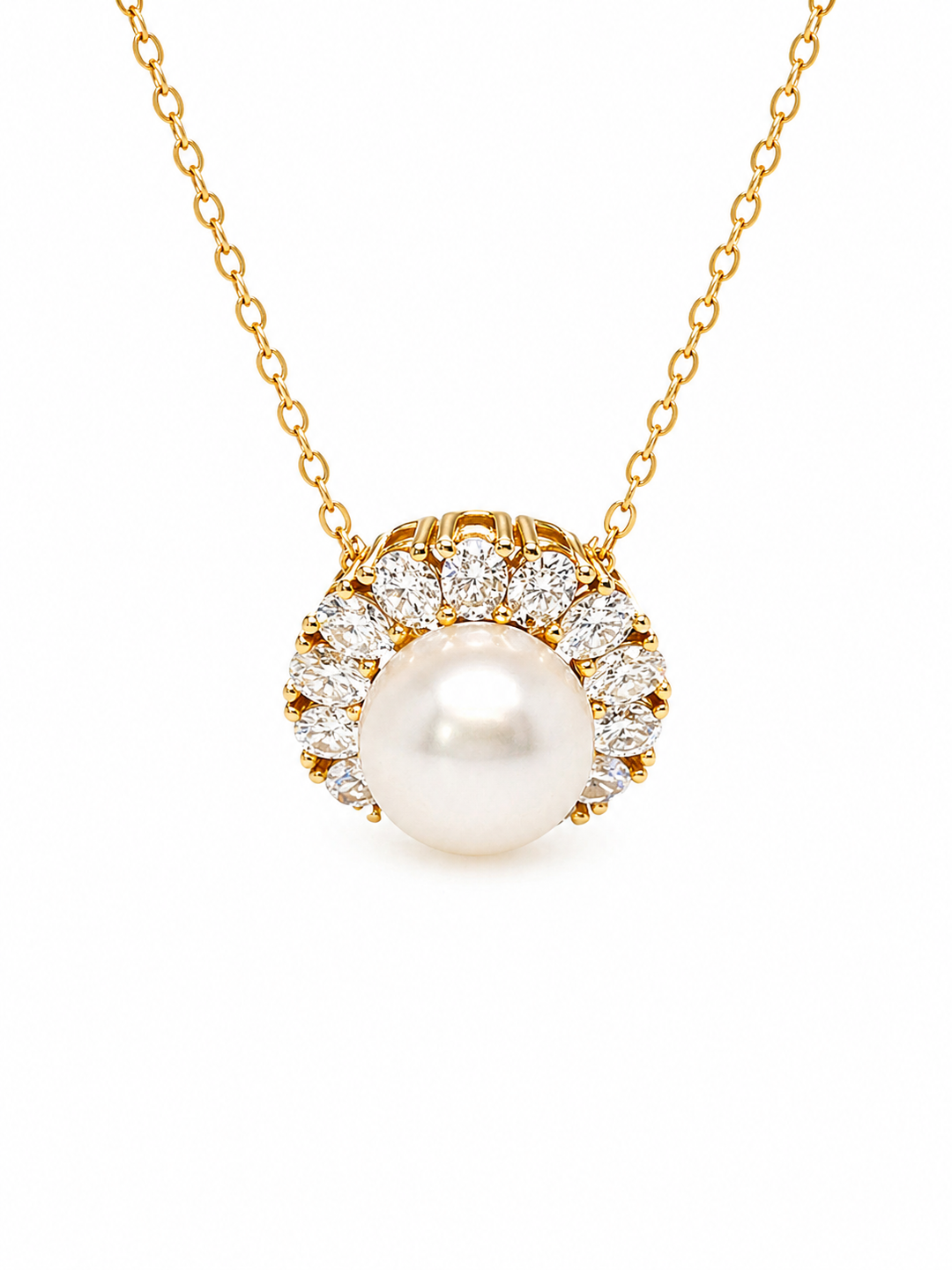 9.61 Cts Pearl and Moissanite Necklace in 925 Yellow Gold Plated