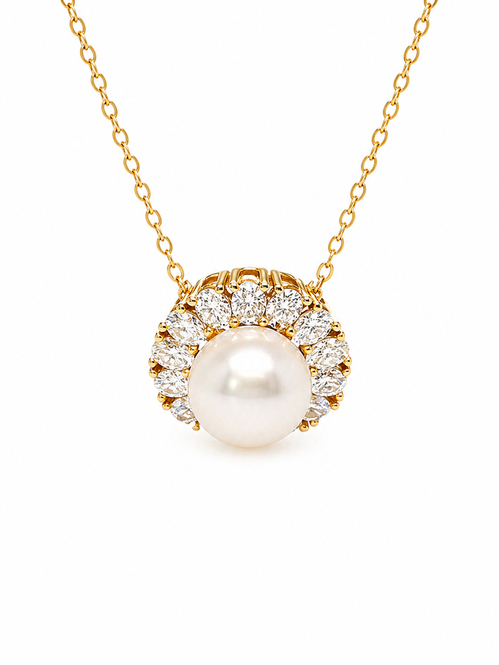 9.61 Cts Pearl and Moissanite Necklace in 925 Yellow Gold Plated