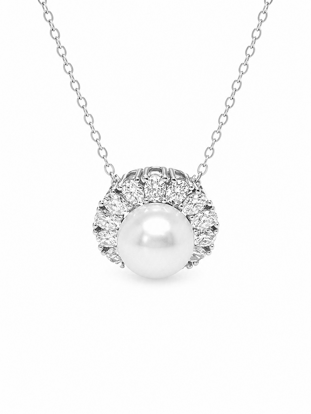 9.61 Cts Pearl and Moissanite Necklace in 925 Platinum Plated