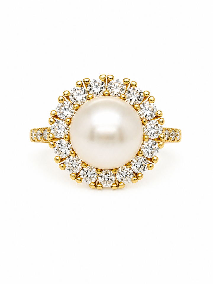 8.75 Cts Pearl and Moissanite Ring in 925 Yellow Gold Plated