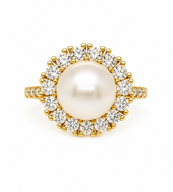 8.75 Cts Pearl and Moissanite Ring in 925 Yellow Gold Plated