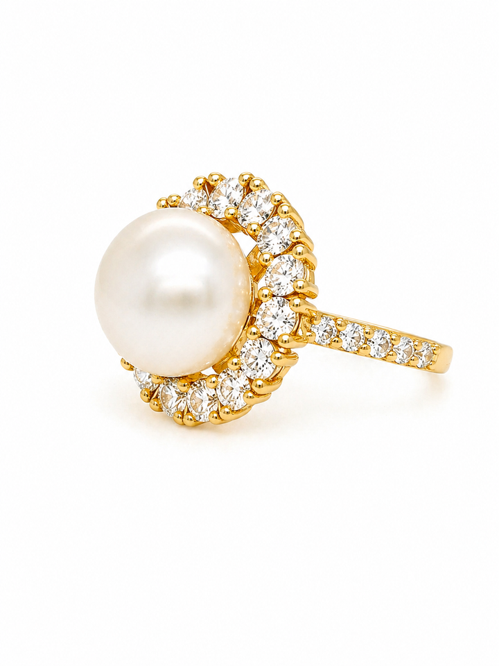 8.75 Cts Pearl and Moissanite Ring in 925 Yellow Gold Plated