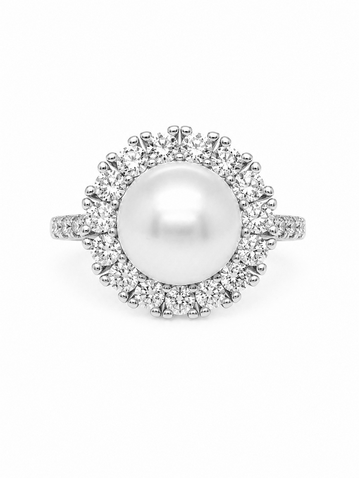 8.75 Cts Pearl and Moissanite Ring in 925 Platinum Plated