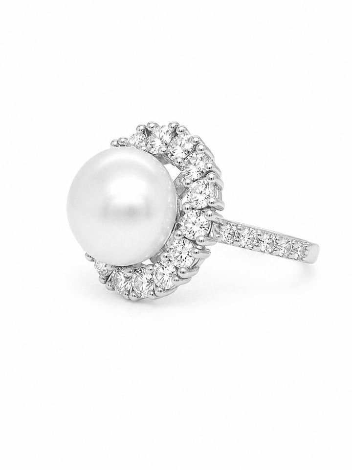 8.75 Cts Pearl and Moissanite Ring in 925 Platinum Plated