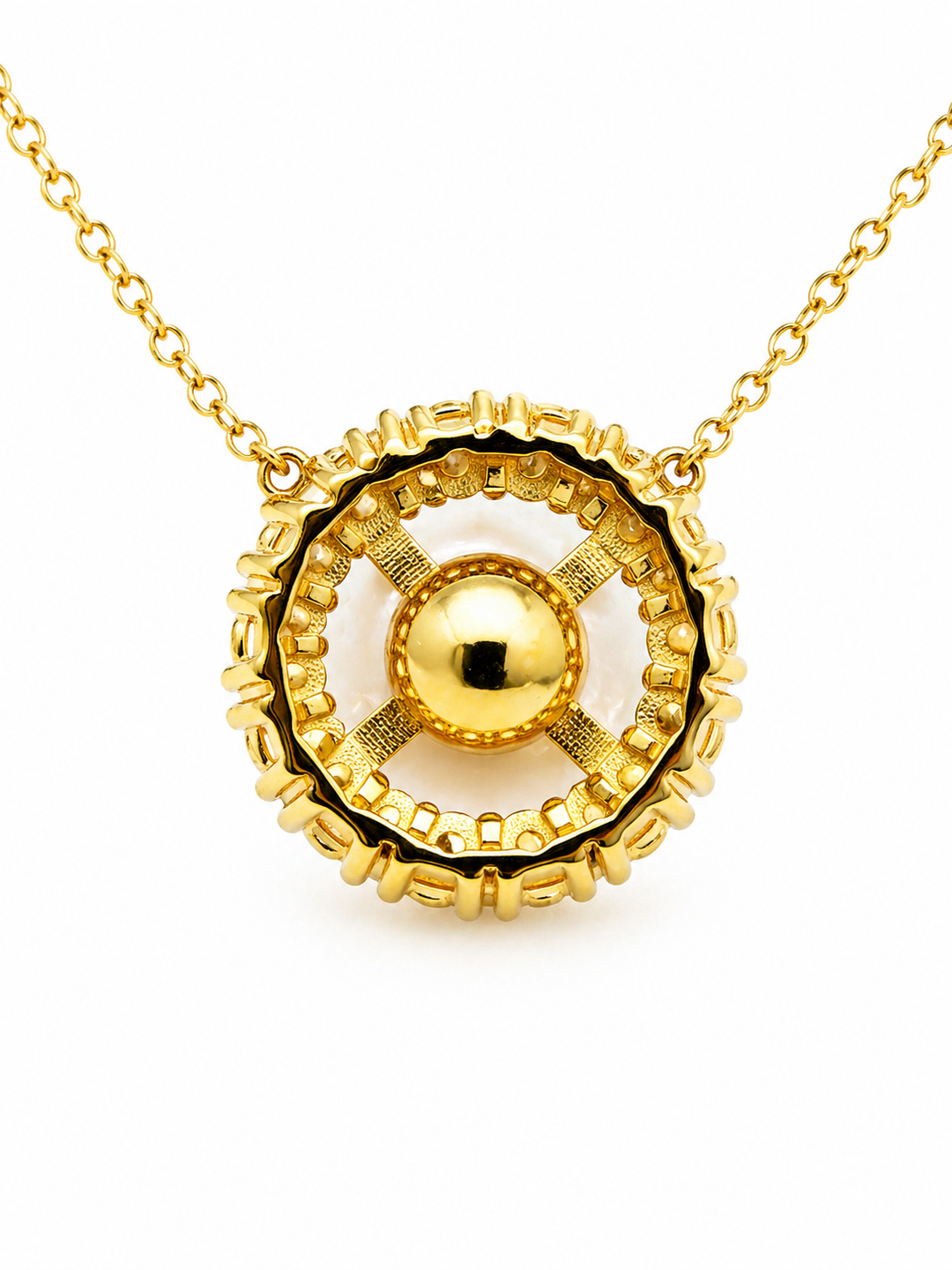 8.74 Cts Pearl and Moissanite Necklace in 925 Yellow Gold Plated