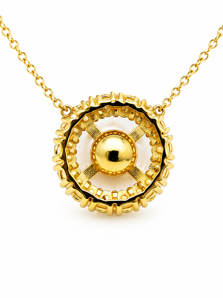 8.74 Cts Pearl and Moissanite Necklace in 925 Yellow Gold Plated
