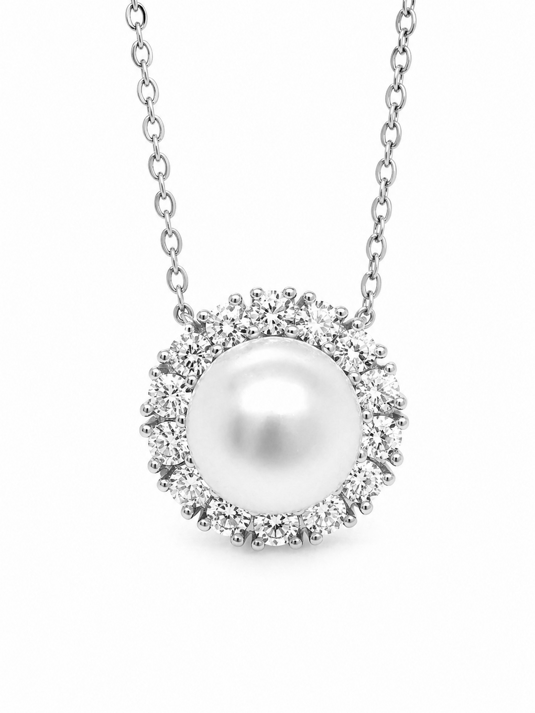 8.74 Cts Pearl and Moissanite Necklace in 925 Platinum Plated