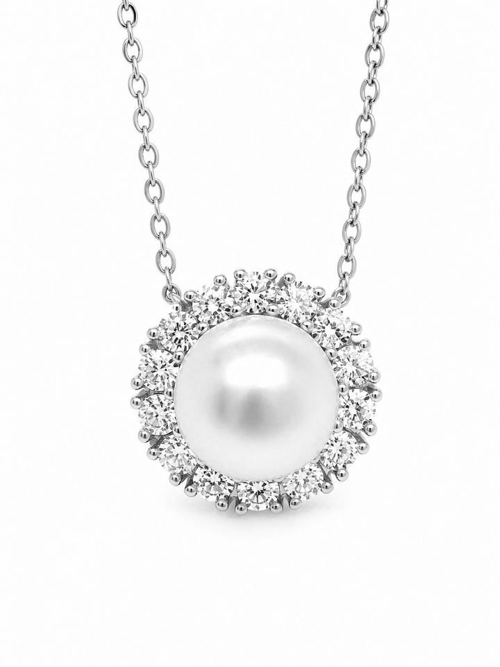 8.74 Cts Pearl and Moissanite Necklace in 925 Platinum Plated