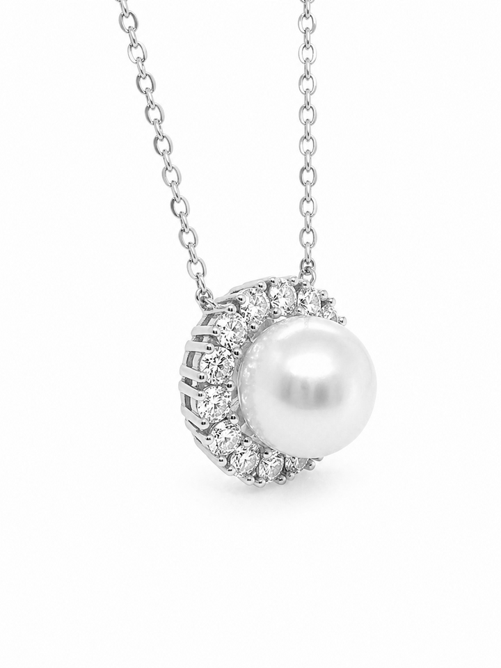 8.74 Cts Pearl and Moissanite Necklace in 925 Platinum Plated