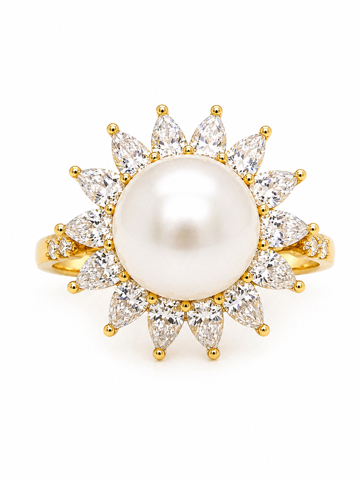 9.00 Cts Pearl and Moissanite Ring in 925 Yellow Gold Plated