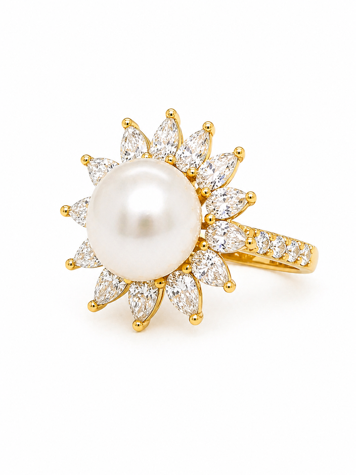 9.00 Cts Pearl and Moissanite Ring in 925 Yellow Gold Plated
