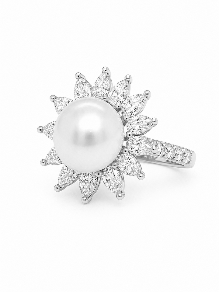 9.00 Cts Pearl and Moissanite Ring in 925 Platinum Plated