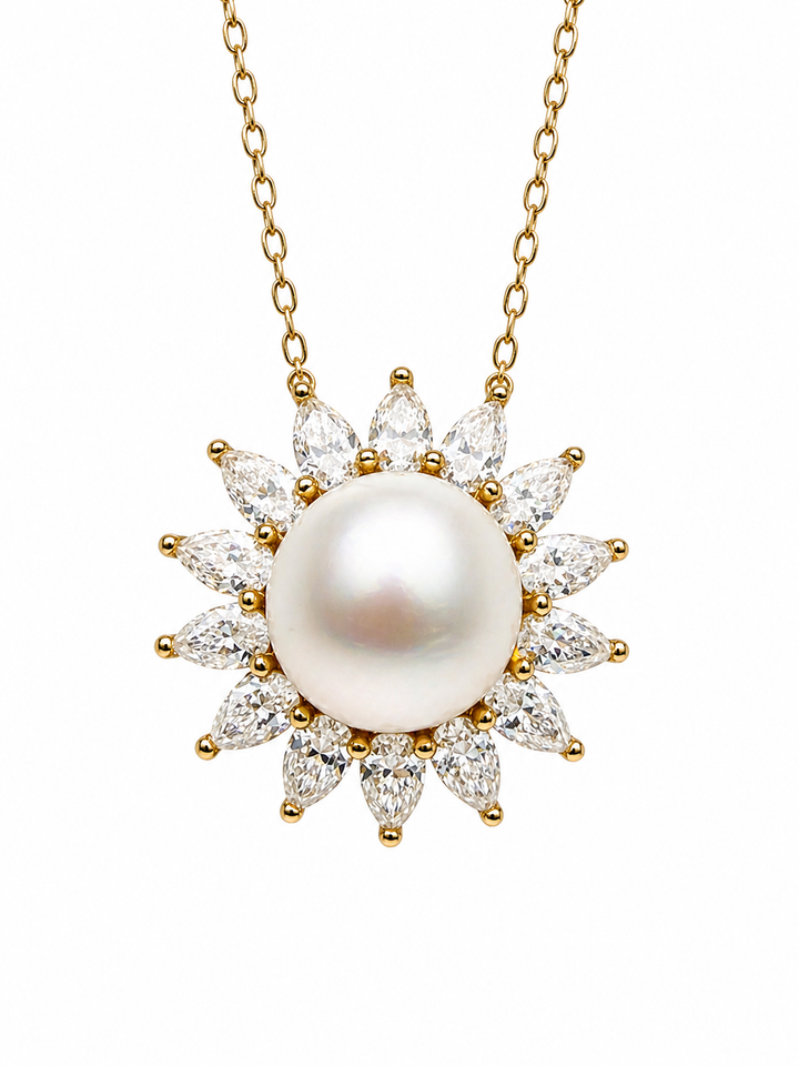 8.71 Cts Pearl and Moissanite Necklace in 925 Yellow Gold Plated