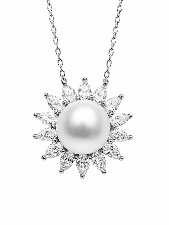 8.71 Cts Pearl and Moissanite Necklace in 925 Platinum Plated