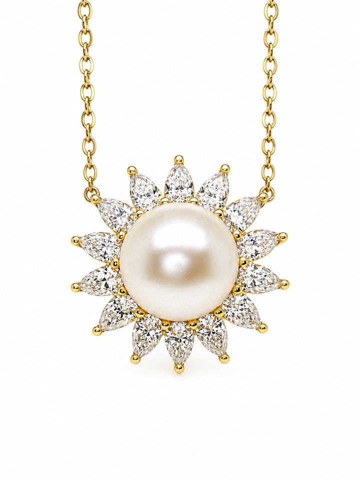 9.10 Cts Pearl and Moissanite Necklace in 925 Yellow Gold Plated