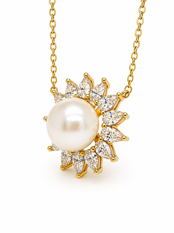 9.10 Cts Pearl and Moissanite Necklace in 925 Yellow Gold Plated
