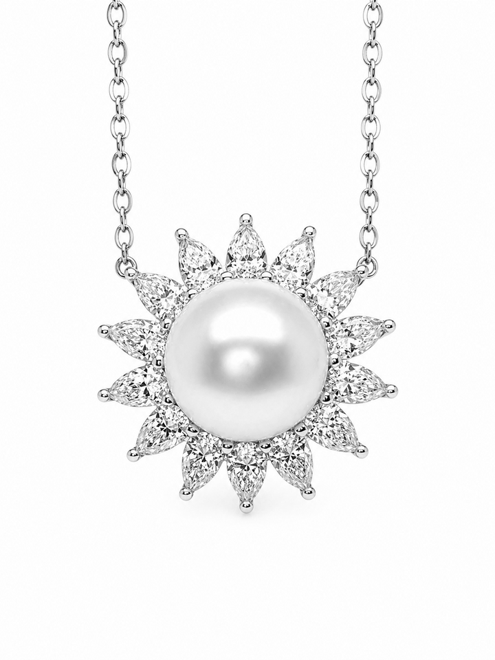 9.10 Cts Pearl and Moissanite Necklace in 925 Platinum Plated