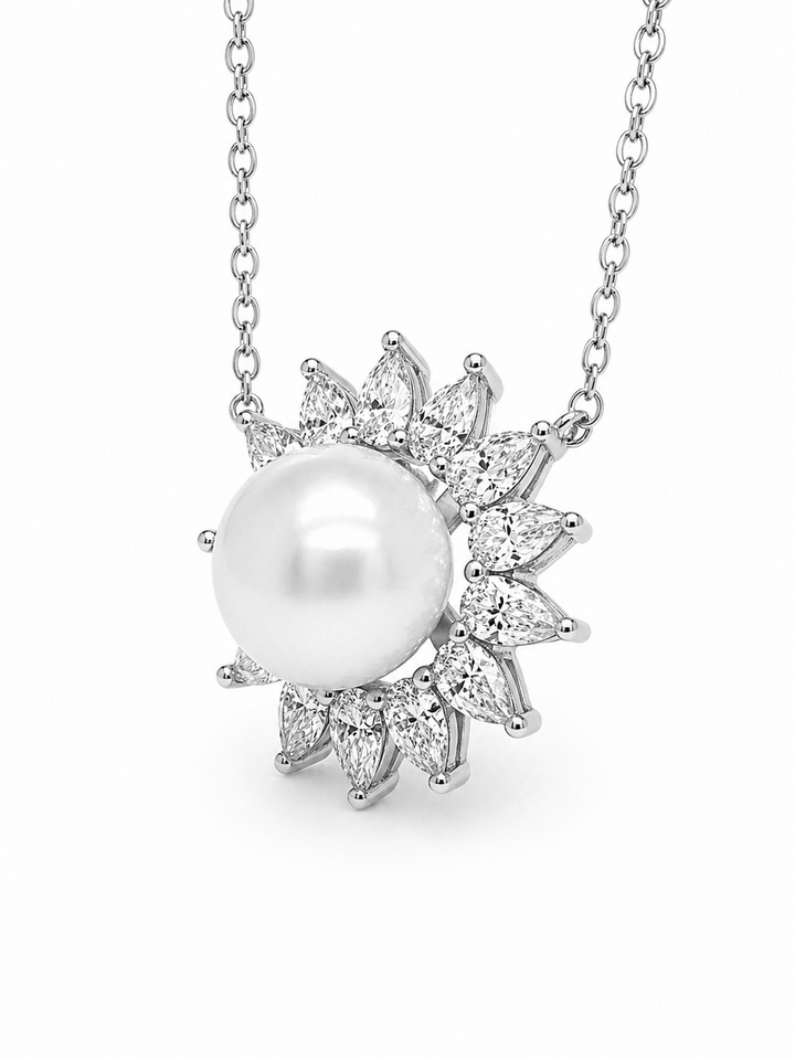 9.10 Cts Pearl and Moissanite Necklace in 925 Platinum Plated