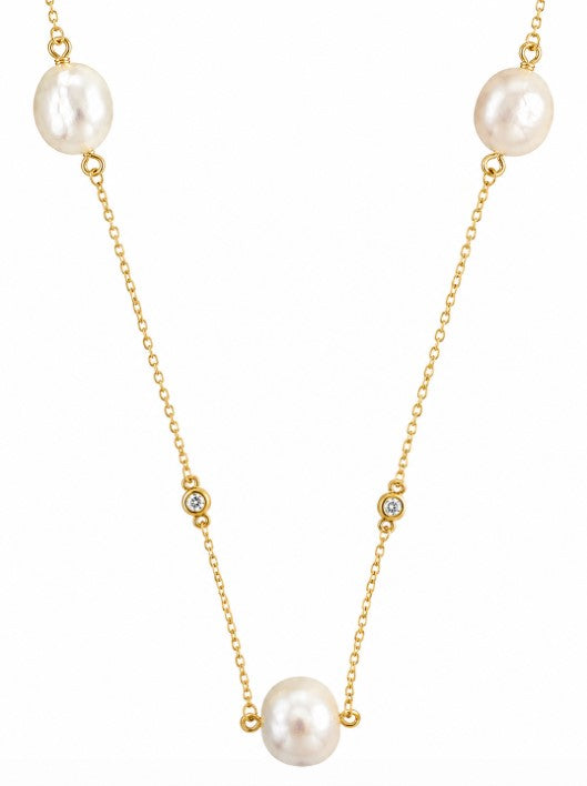 Pearl and Lab Grown Diamond Necklace in 925 Yellow Gold Plated
