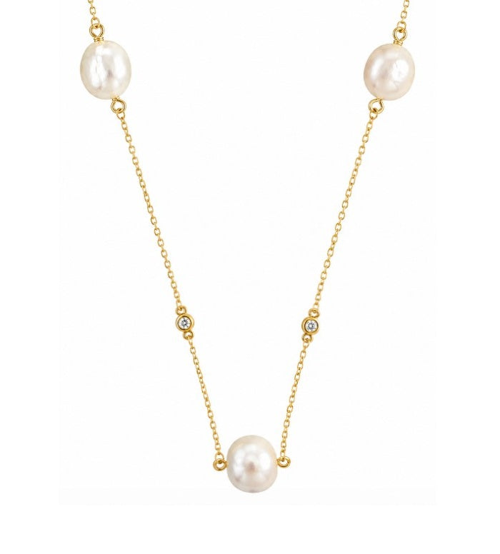 Pearl and Lab Grown Diamond Necklace in 925 Yellow Gold Plated