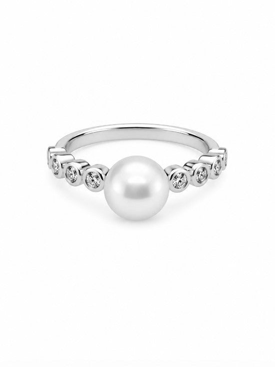Pearl and Lab Grown Diamond Ring in 925 Platinum Plated