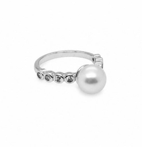 Pearl and Lab Grown Diamond Ring in 925 Platinum Plated